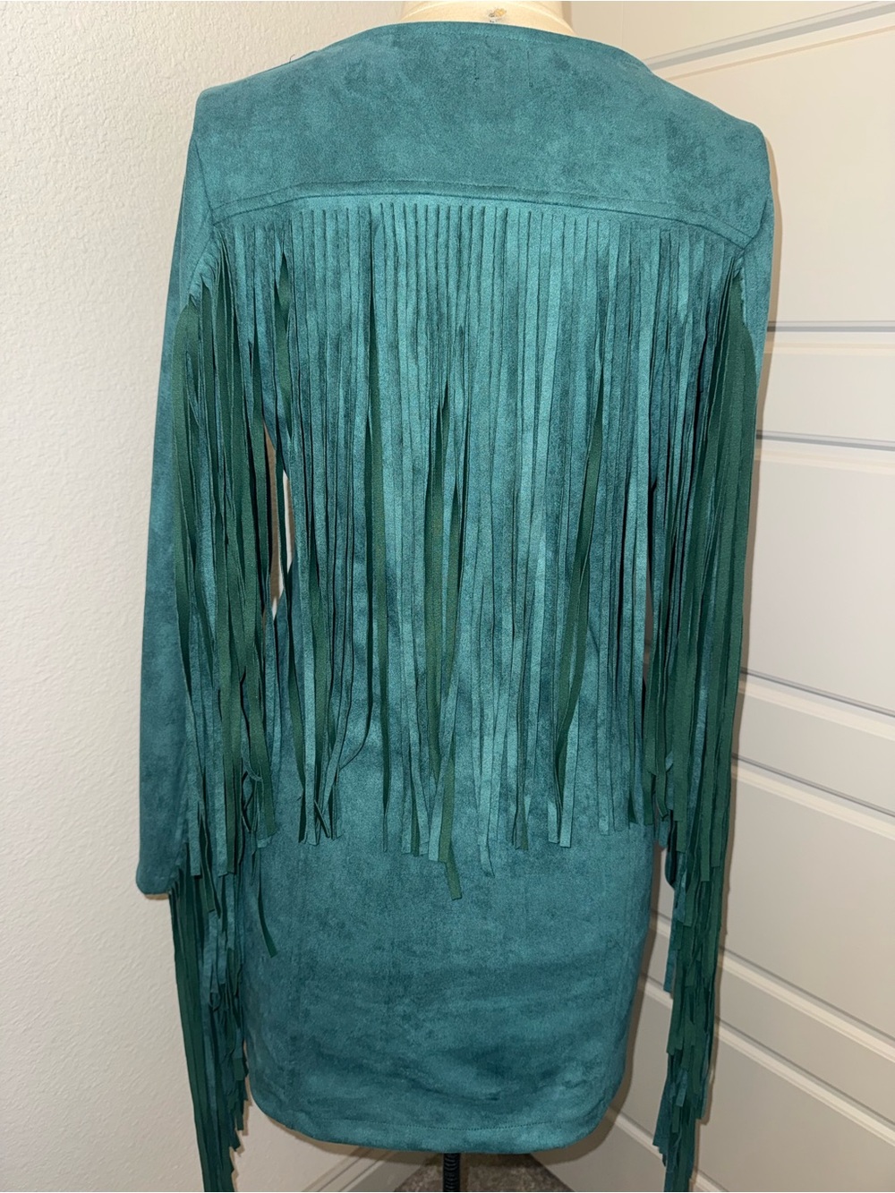 Boho Cowgirl Teal V-Neck Vegan Suede Fringe Mini Dress - Picture 5 of 15
